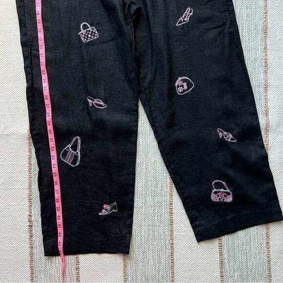 Deane & White Black Pink Embroidered 100% Linen Straight Leg Pants Women’s 20W - Picture 2 of 7